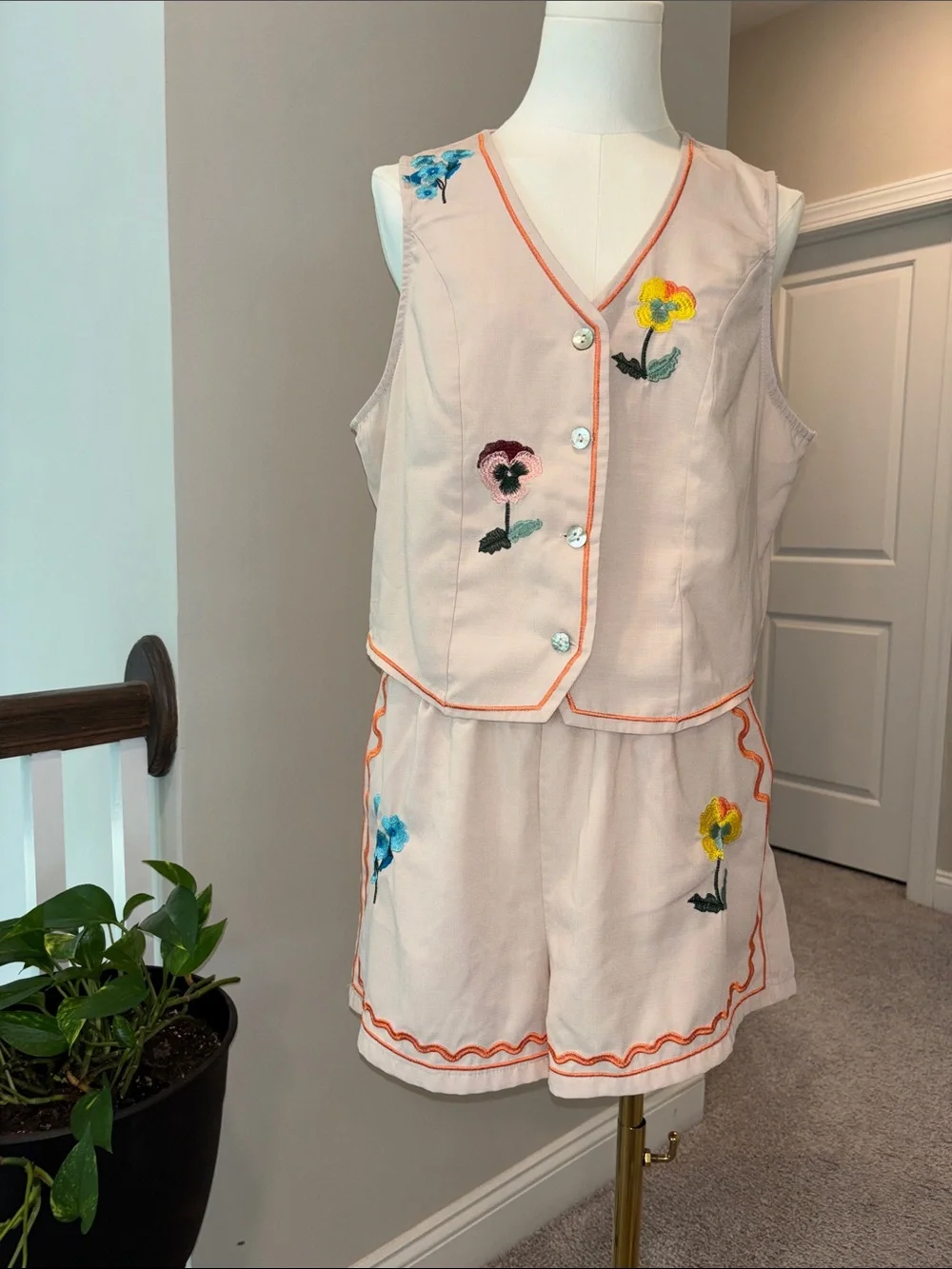 Embroidered Cream Sleeveless Two-Piece Set with Orange Trim